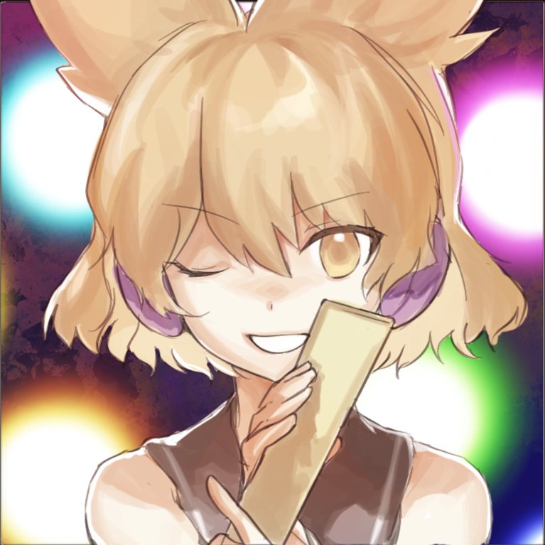 1girl, bare_shoulders, black_background, black_shirt, blonde_hair, collared_shirt, commentary_request, dot_nose, grin, hair_ears, holding_rod, one_eye_closed, orb, purple_headphones, shian_(user_ymcy3584), shirt, short_hair, sleeveless, sleeveless_shirt, smile, solo, touhou, toyosatomimi_no_miko, upper_body, yellow_eyes