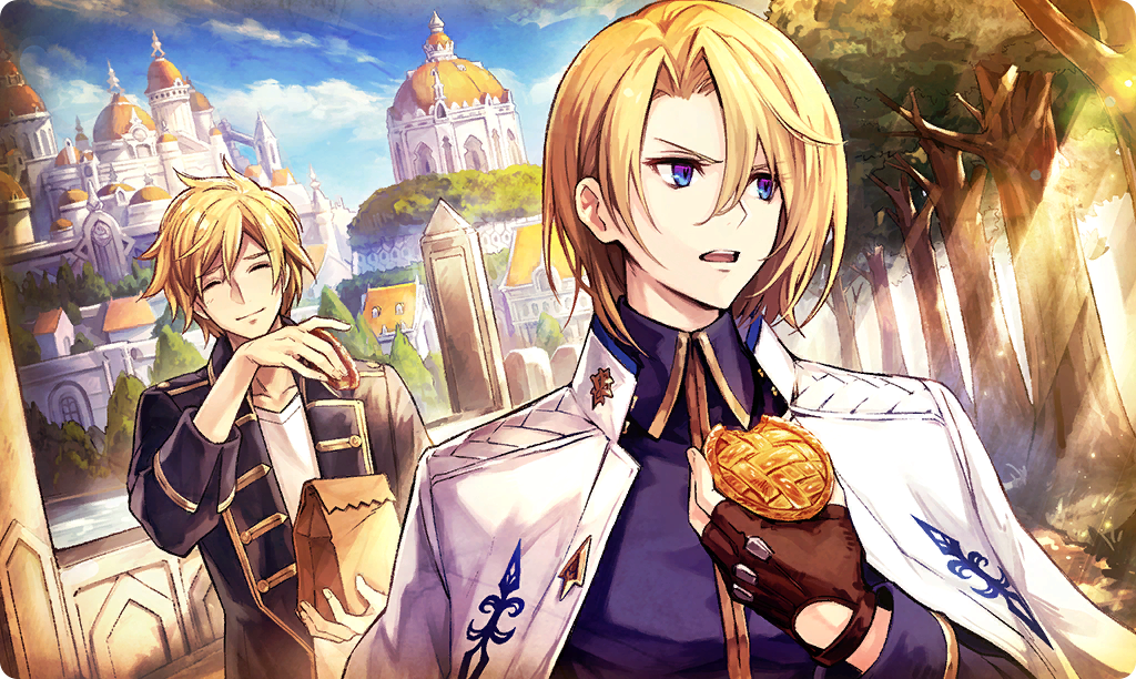 2boys, black_jacket, blonde_hair, blue_eyes, blue_shirt, blue_sky, brothers, brown_gloves, closed_eyes, commentary_request, dare_ga_tame_no_alchemist, fingerless_gloves, food, fraise_(dare_ga_tame_no_alchemist), gino_(dare_ga_tame_no_alchemist), gloves, holding, holding_food, jacket, jacket_on_shoulders, long_sleeves, multiple_boys, official_art, outdoors, pie, shirt, siblings, sky, smile, standing, third-party_source, tree, white_jacket, white_shirt