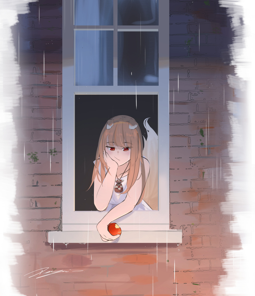 1girl, absurdres, animal_ears, apple, bitten_apple, brick_wall, brown_hair, commentary_request, dress, ears_down, food, food_bite, fox_ears, fox_tail, fruit, half-closed_eyes, hand_on_own_cheek, hand_on_own_face, highres, holding, holding_food, holding_fruit, holo, jewelry, long_hair, necklace, open_window, penguin_sensei_(artist), pouch, rain, red_eyes, shaded_face, short_sleeves, solo, spice_and_wolf, tail, window