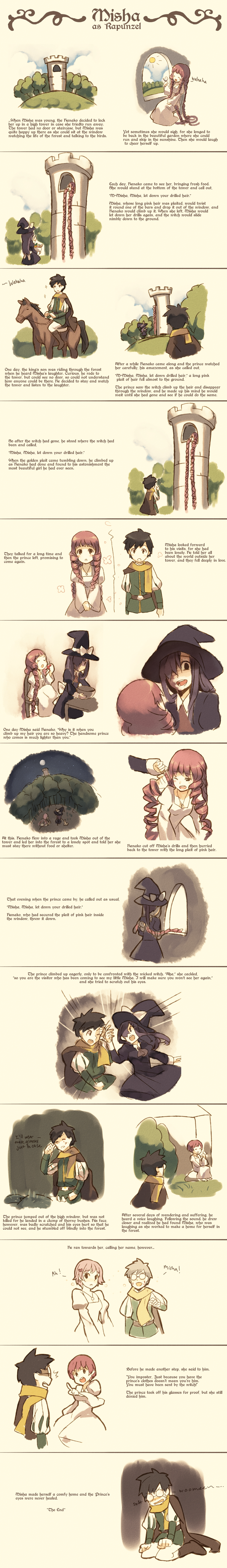 alternate_hairstyle, bad_end, black_hair, bow, cape, comic, cosplay, dress, drill_hair, english, glasses, grimm's_fairy_tales, hair_ornament, hair_over_one_eye, hairclip, hat, highres, horse, ikezawa_hanako, injury, katawa_shoujo, long_hair, long_image, mikado_shiina, no_glasses, pink_hair, prince, purple_hair, rapunzel, rapunzel_(cosplay), rapunzel_(grimm), scarf, setou_kenji, short_hair, tall_image, tears, tower, very_long_hair, weee_(raemz), witch_hat