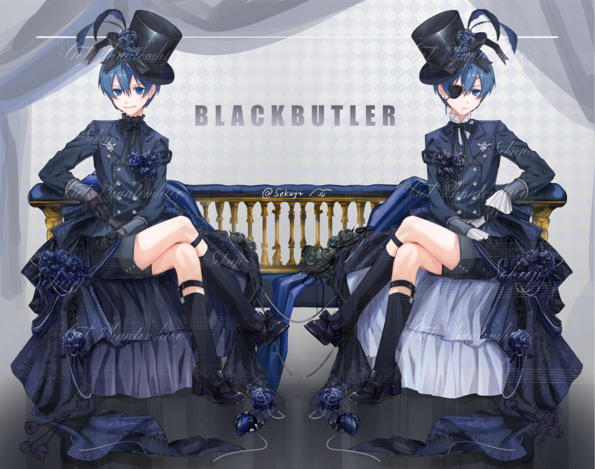 2boys, argyle_background, badge, bishounen, black_footwear, black_gloves, black_hat, black_ribbon