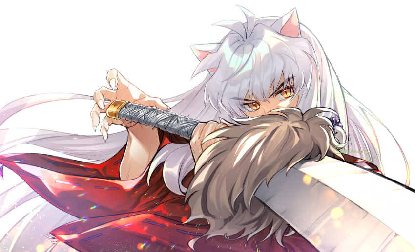 1boy, animal_ears, antenna_hair, artist_name, bishounen, covered_face, covered_mouth, fingernails, foreshortening, genmaitya_suki, hands_up, highres, holding, holding_sword, holding_weapon, inuyasha, inuyasha_(character), jacket, lens_flare, long_fingernails, long_hair, male_focus, open_hand, red_jacket, ribbon-trimmed_sleeves, ribbon_trim, serious, simple_background, slit_pupils, solo, sword, very_long_hair, weapon, white_background, white_hair, wide_sleeves, wind, yellow_eyes