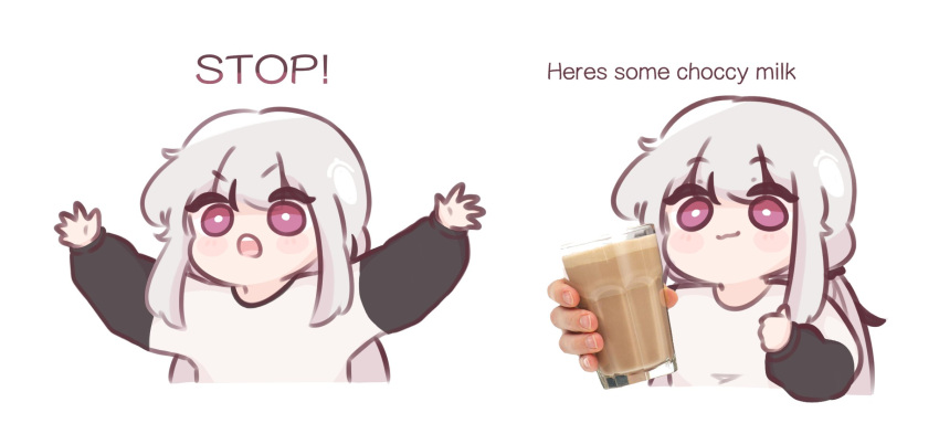 1girl, arms_up, artist_self-insert, black_hair, blush_stickers, chibi, chocolate_milk, chonkyorca