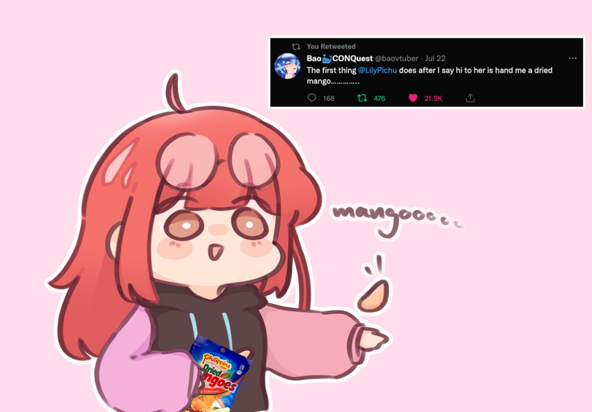 1girl, :d, arrow_(symbol), bao_(vtuber), black_hoodie, blush_stickers, brown_eyes, chibi