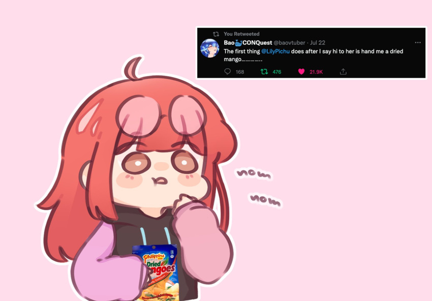 1girl, ahoge, arrow_(symbol), bag, bao_(vtuber), blush_stickers, brown_eyes, chibi