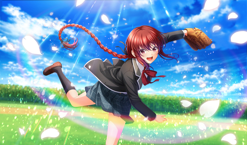 1girl, :d, baseball_field, baseball_mitt, black_jacket, black_ribbon, black_socks, blue_ribbon, blurry, braid, braided_ponytail, brown_footwear, cinderella_series, clouds, collared_shirt, depth_of_field, dutch_angle, falling_petals, field, film_grain, flower, flower_field, foot_out_of_frame, game_cg, grey_skirt, hachigatsu_no_cinderella_nine, hair_ornament, hair_ribbon, hairclip, highres, jacket, kurashiki_maiko, leg_up, light_particles, light_rays, loafers, long_hair, long_sleeves, looking_at_viewer, neck_ribbon, non-web_source, official_art, open_mouth, outdoors, petals, pitching, plaid_clothes, plaid_skirt, pleated_skirt, red_eyes, redhead, ribbon, school_uniform, shirt, shoes, single_braid, skirt, sky, smile, socks, solo, sunbeam, sunflower, sunflower_field, sunlight, teeth, upper_teeth_only, very_long_hair, white_shirt