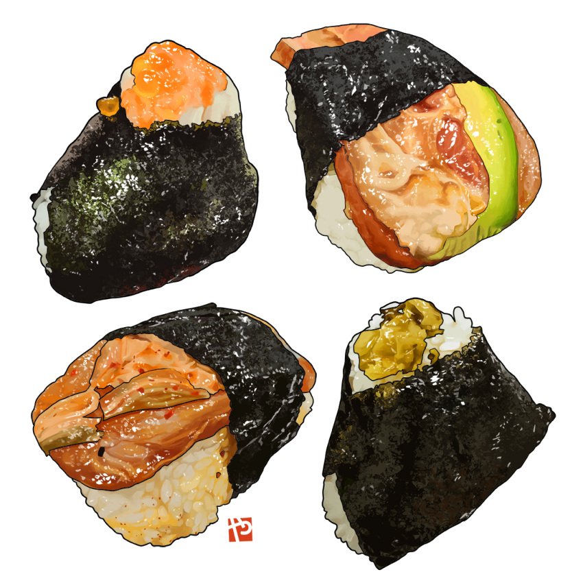 avocado_slice, english_commentary, fish_(food), food, food_focus, ikura_(food), no_humans, original, rice, simple_background, still_life, studiolg, sushi, white_background