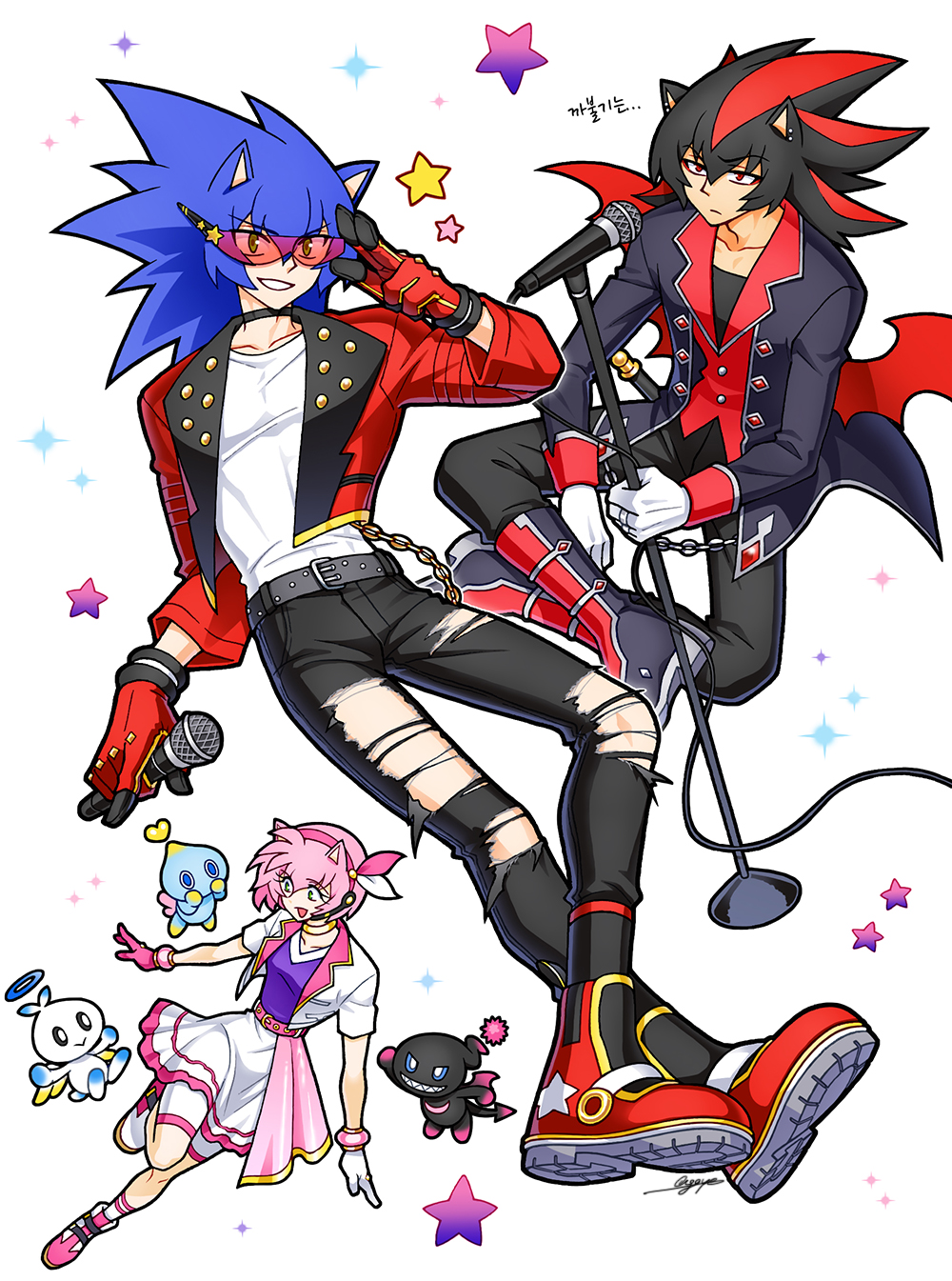 1girl, 2boys, amy_rose, amy_rose_(popstar), animal_ears, belt, black_hair, black_pants
