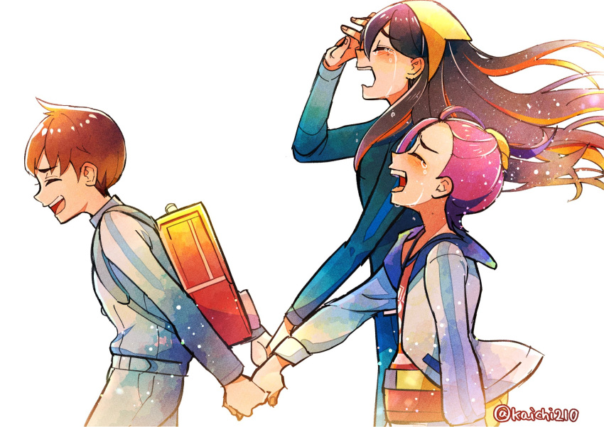 1girl, 2boys, backpack, bag, black_hair, blue_jacket, brown_eyes, brown_hair