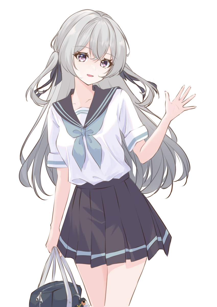 1girl, absurdres, alternate_costume, bag, black_ribbon, black_sailor_collar, black_skirt, commentary, firefly_(honkai:_star_rail), green_neckerchief, grey_hair, hand_up, highres, holding, holding_bag, honkai:_star_rail, honkai_(series), long_hair, looking_at_viewer, miniskirt, neckerchief, open_mouth, origami_bird_(honkai:_star_rail), pleated_skirt, reachizu, ribbon, sailor_collar, school_bag, school_uniform, serafuku, shirt_tucked_in, short_sleeves, simple_background, skirt, solo, standing, trailblazer_(honkai:_star_rail), trailblazer_(trailbirder)_(honkai:_star_rail), two_side_up, violet_eyes, waving, white_background, white_serafuku
