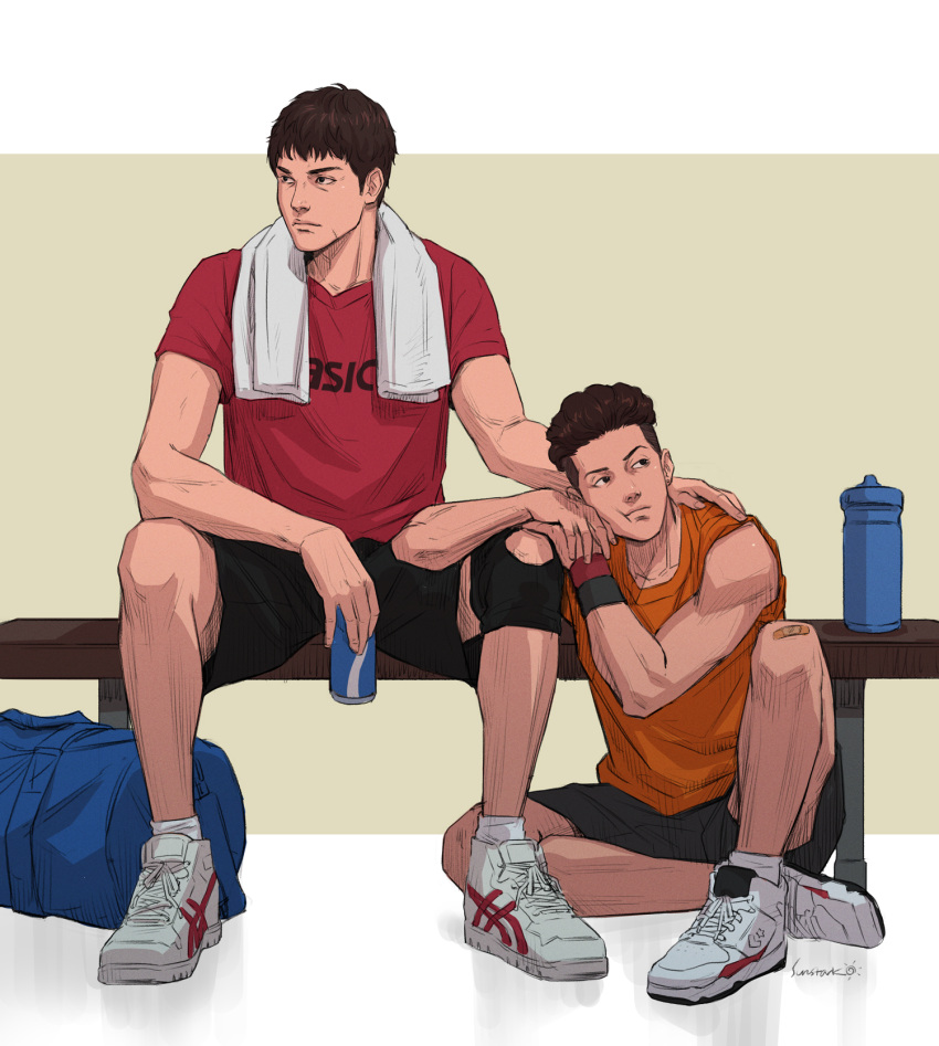 2boys, :t, arm_on_another's_leg, artist_name, bag, bandaid, bandaid_on_knee, bandaid_on_leg