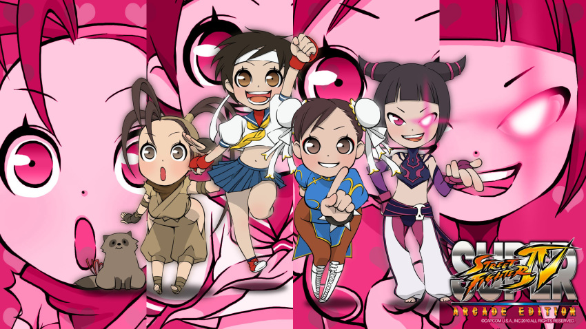 animal, bare_legs, brown_eyes, capcom, chibi, china_dress, chinese_clothes, chun-li, don_(street_fighter), double_bun, glowing, glowing_eye, han_juri, highres, ibuki, jgonzo, kasugano_sakura, leaning_forward, midriff, multiple_girls, navel, official_art, pants, pantyhose, purple_eyes, street_fighter, street_fighter_iv, super_street_fighter_iv, tanuki, wallpaper, zoom_layer
