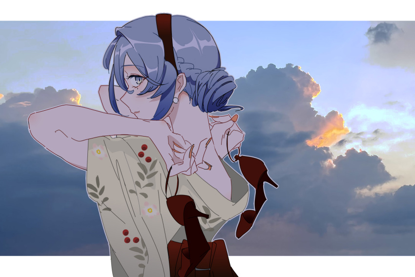 1girl, anotsugini_kuruji, blue_eyes, blue_hair, blue_sky, brown_sash, cherry_print, clouds