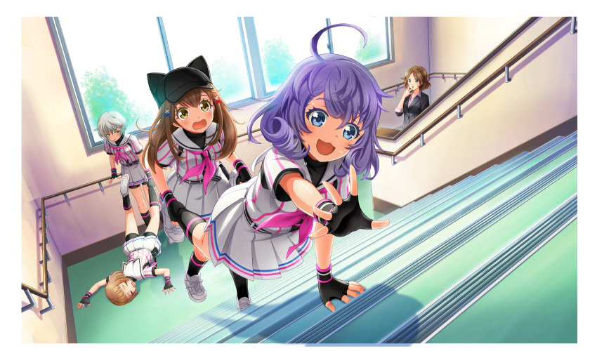 5girls, :d, ahoge, amakusa_kotone, animal_hat, asada_aoi, asahina_iroha, baseball_cap