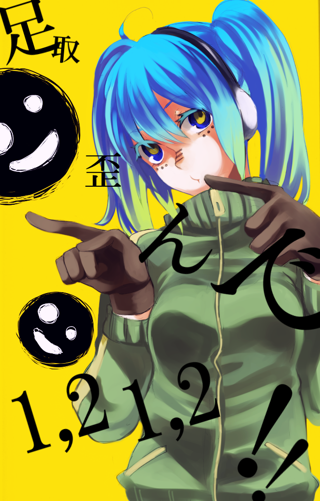 blue_eyes, blue_hair, gloves, hatsune_miku, head_tilt, headphones, long_hair, matryoshka_(vocaloid)