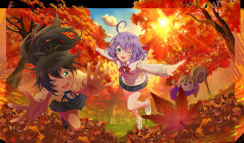 >_<, 2girls, :d, ahoge, akino_komugi, asada_aoi, autumn, autumn_leaves