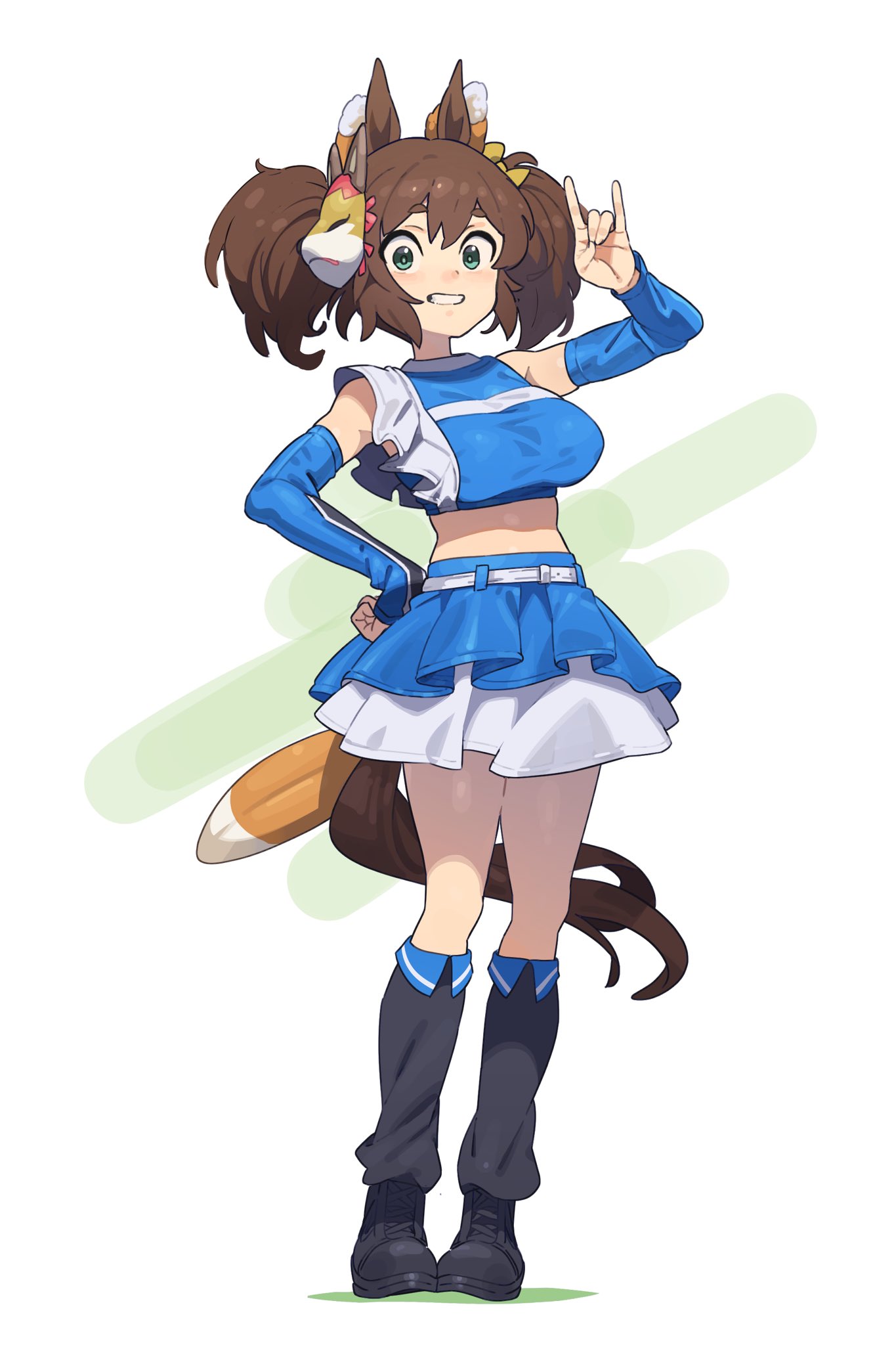 1girl, animal_ears, belt, black_footwear, blue_eyes, blue_shirt, blue_skirt, breasts