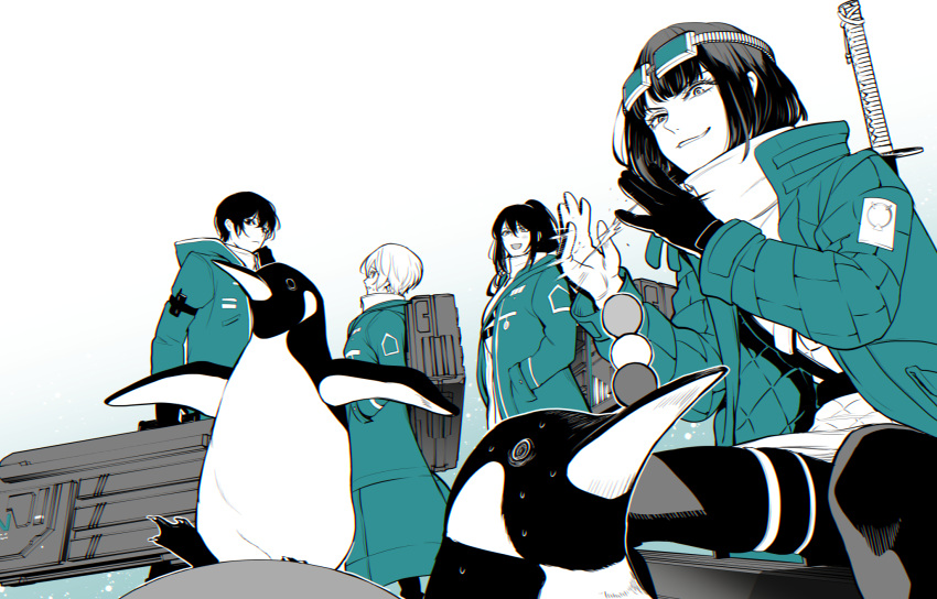 2boys, 2girls, bird, black_hair, blue_jacket, design_speculation, devyat_association_(identity)_(project_moon), faust_(project_moon)