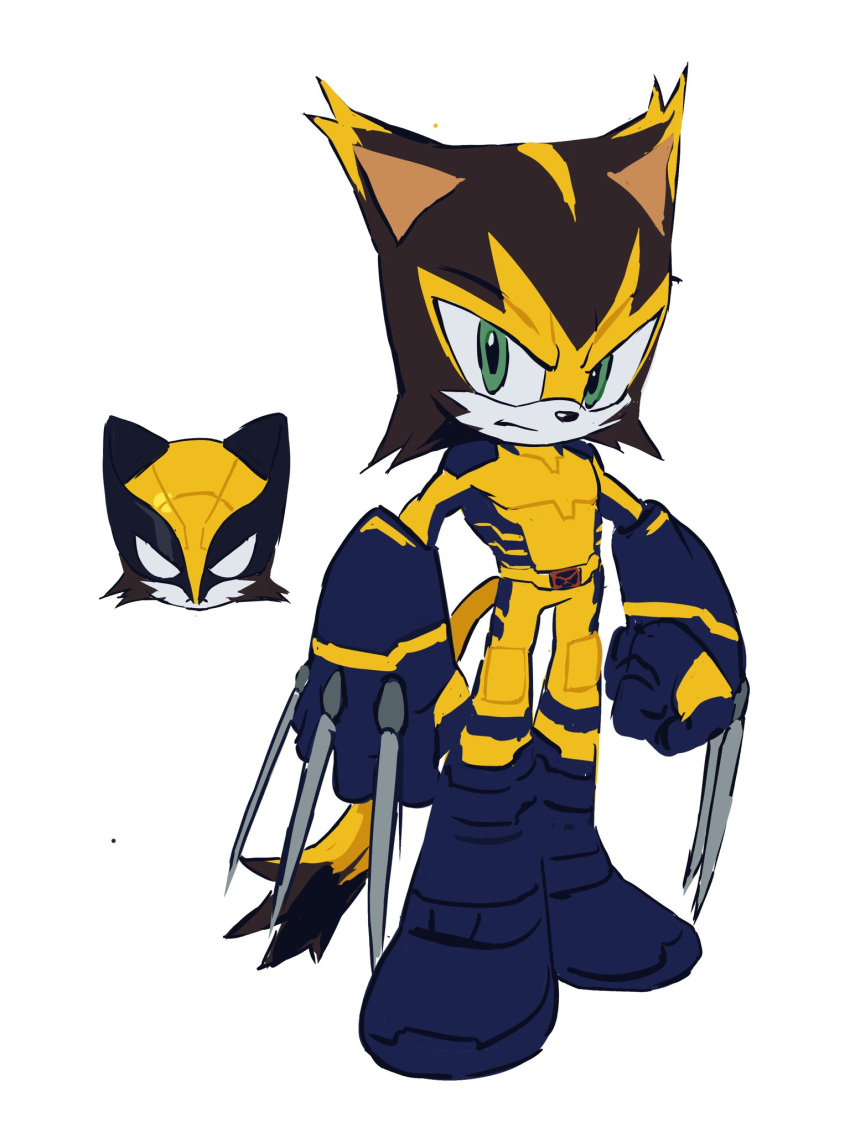1boy, animal_ears, blue_bodysuit, bodysuit, boots, claws, cosplay, full_body