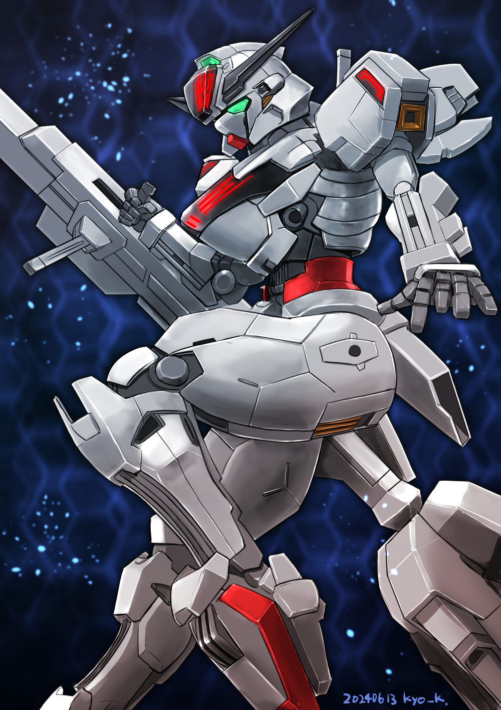 artist_name, beam_cannon, commentary, dated, energy_cannon, green_eyes, gundam, gundam_calibarn