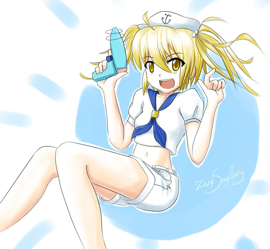blonde_hair, hat, kitashirakawa_chiyuri, ray_gun, sailor, sailor_suit, shorts, solo