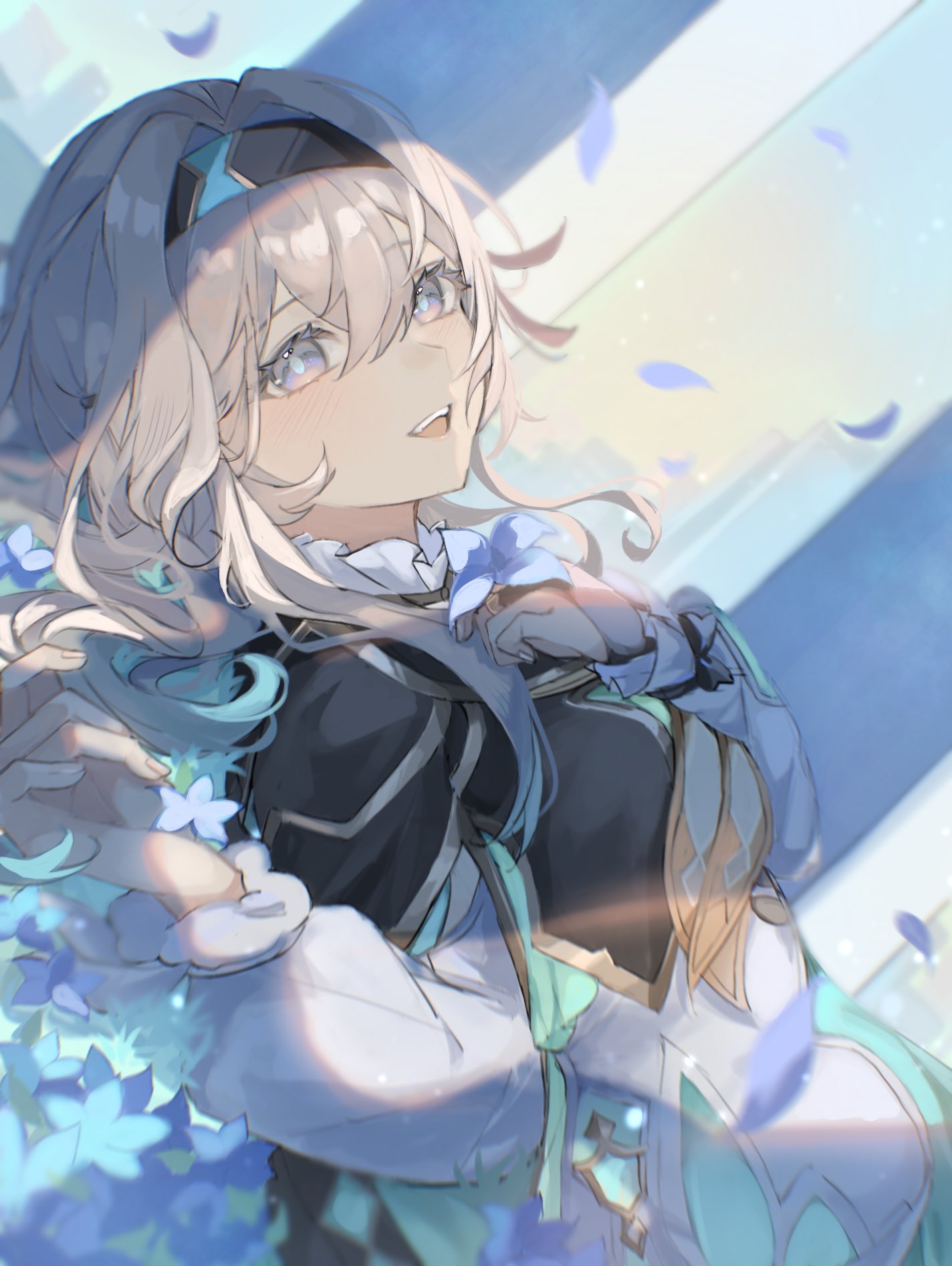 1girl, :d, aroha252538, black_bow, black_hairband, black_jacket, blue_flower, blue_pupils