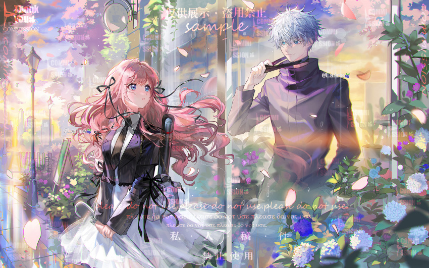 1boy, 1girl, bag, bag_ribbon, black_jacket, black_mask, black_necktie, black_ribbon