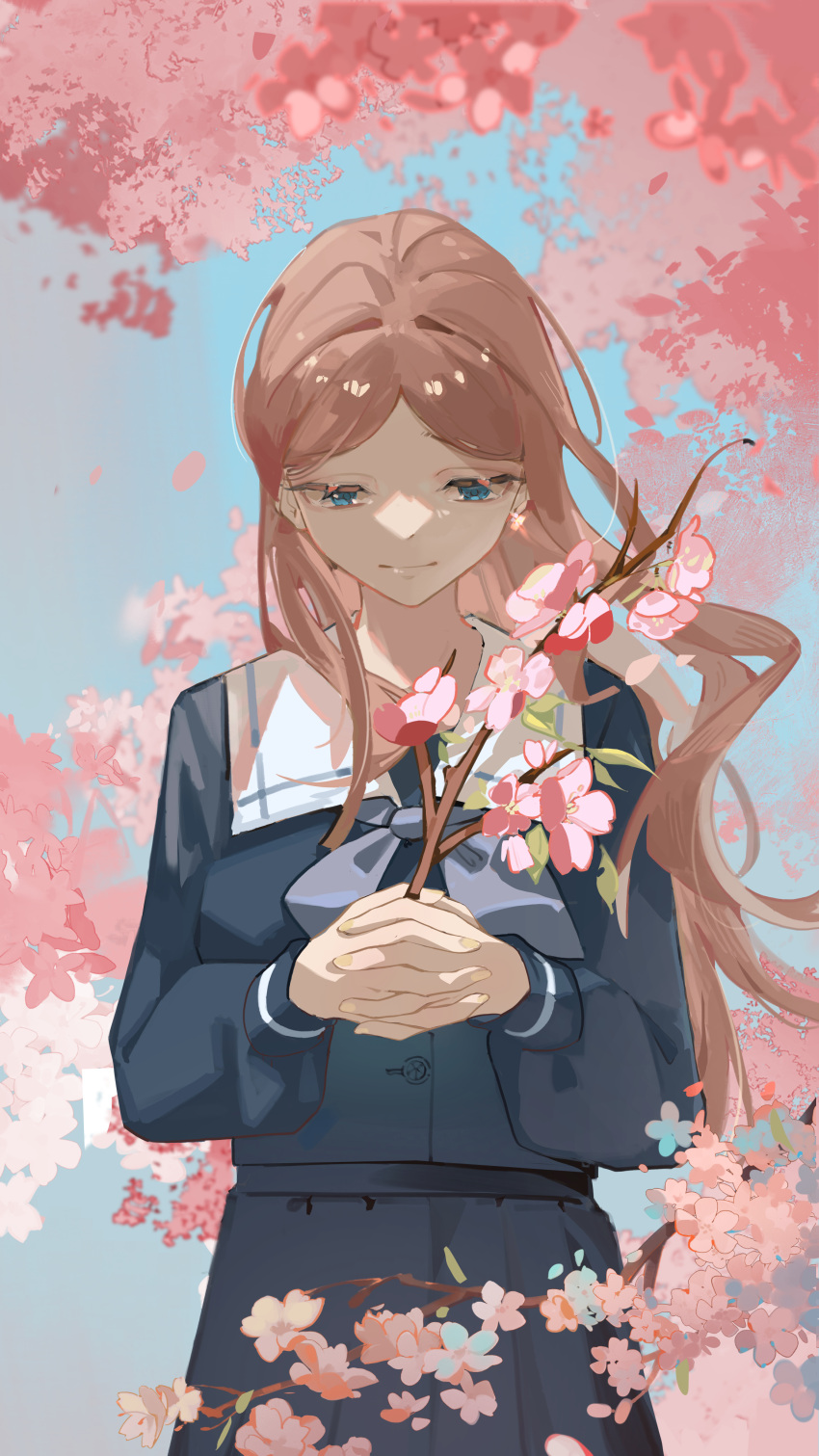 1girl, absurdres, bang_dream!, bang_dream!_it's_mygo!!!!!, black_shirt, black_skirt, blue_eyes, blue_sky, branch, brown_hair, cherry_blossoms, chinese_commentary, closed_mouth, commentary_request, day, flower, grey_neckerchief, highres, holding, holding_branch, long_hair, nagasaki_soyo, neckerchief, outdoors, own_hands_together, pink_flower, pleated_skirt, sailor_collar, school_uniform, shiragomi, shirt, skirt, sky, smile, solo, tsukinomori_school_uniform, upper_body, white_sailor_collar
