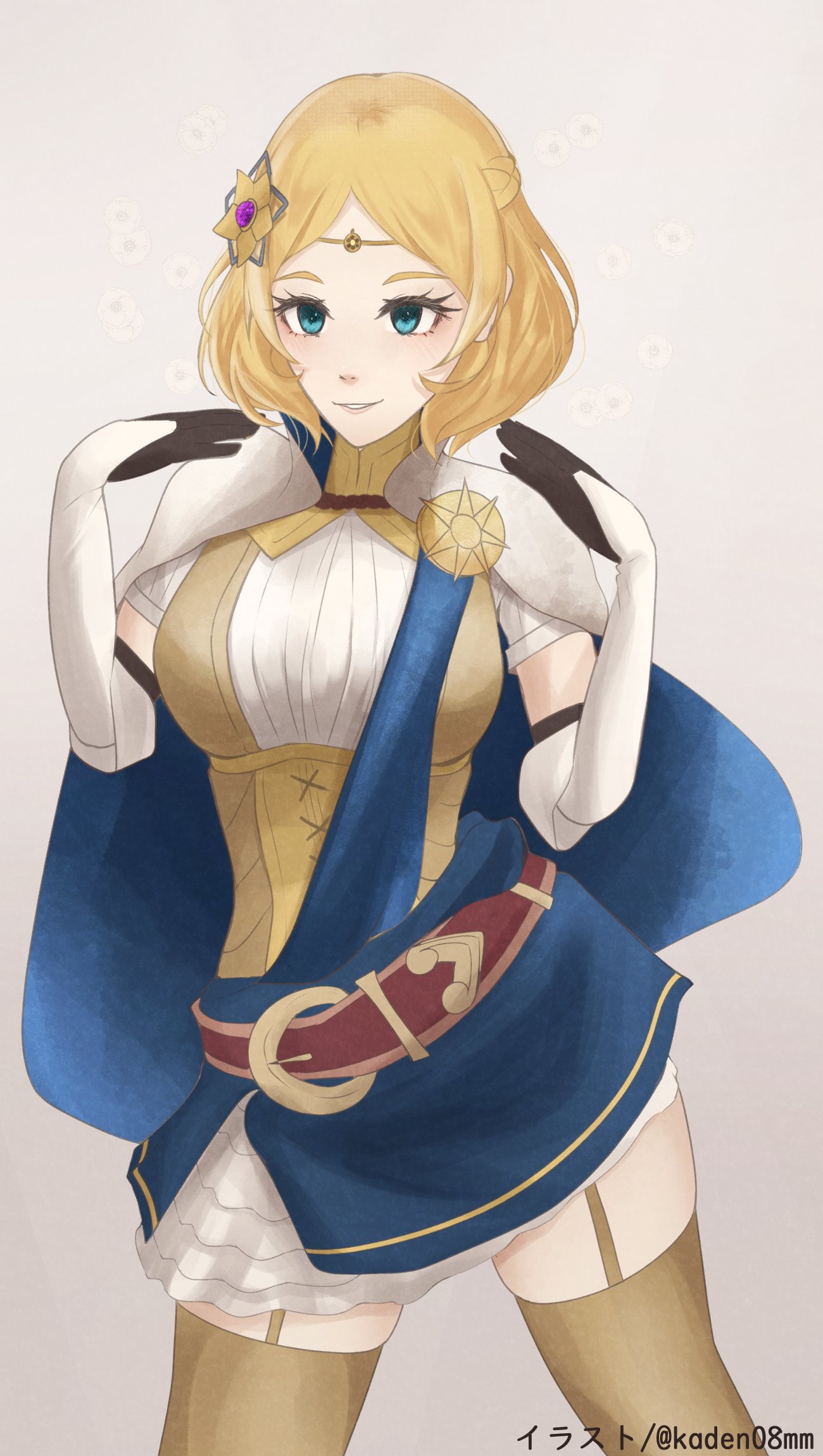 1girl, blonde_hair, blue_eyes, cape, circlet, corset, fire_emblem, fire_emblem_warriors
