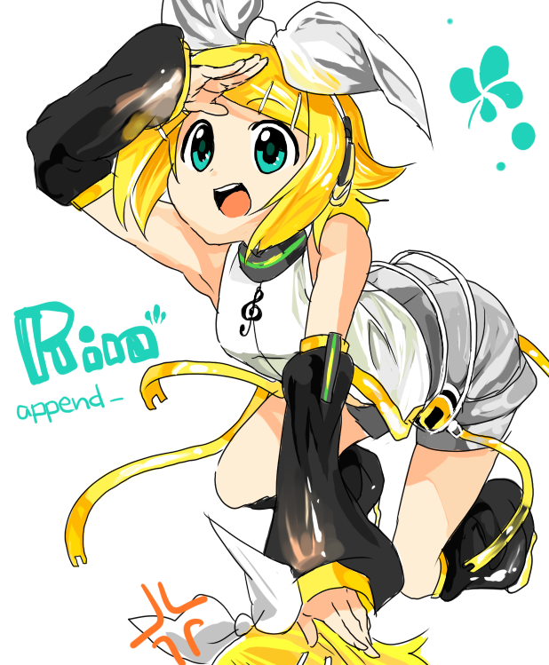 aqua_eyes, blonde_hair, character_name, detached_sleeves, dual_persona, elbow_gloves, gloves, hair_ornament, hair_ribbon, hairclip, headphones, jumping, kagamine_rin, kagamine_rin_(append), pink-ball, ribbon, rin_append, short_hair, shorts, simple_background, smile, vocaloid, vocaloid_append
