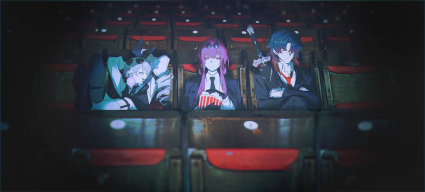 1boy, 2girls, absurdres, arms_behind_back, black_footwear, black_gloves, black_jacket, black_necktie, black_pants, black_vest, blade_(honkai:_star_rail), blade_(jepella_rebellion)_(honkai:_star_rail), blowing_bubbles, blue_hair, chewing_gum, closed_eyes, commentary, crossed_arms, dated_commentary, drill_hair, drill_ponytail, eyewear_on_head, food, formal, gloves, gradient_hair, grey_eyes, grey_hair, highres, holding, holding_food, honkai:_star_rail, honkai_(series), indoors, jacket, jacket_on_shoulders, kafka_(honkai:_star_rail), kafka_(jepella_rebellion)_(honkai:_star_rail), legs_up, legwear_garter, long_hair, multicolored_hair, multiple_girls, necktie, pants, popcorn, purple_hair, red_necktie, redhead, shirt, side_ponytail, silver_wolf_(honkai:_star_rail), silver_wolf_(jepella_rebellion)_(honkai:_star_rail), socks, spotlight, suit, sunglasses, sword, theater_seating, upper_body, vest, violet_eyes, weapon, weapon_on_back, white_shirt, white_socks, yarr