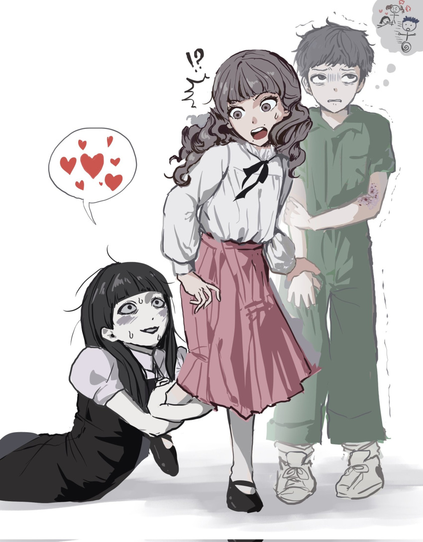 !?, 1boy, 2girls, black_dress, black_footwear, black_hair, black_lips, black_ribbon