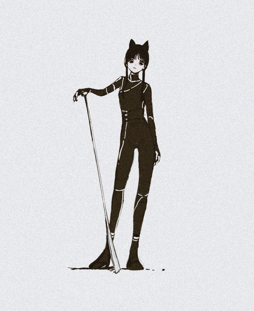 1girl, addams_family, animal_ears, arm_at_side, black_bodysuit, black_footwear, bodysuit, braid