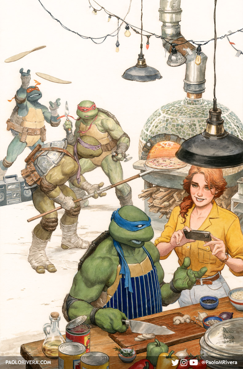 1girl, 4boys, april_o'neil, apron, artist_name, belt, blue_apron, bottle