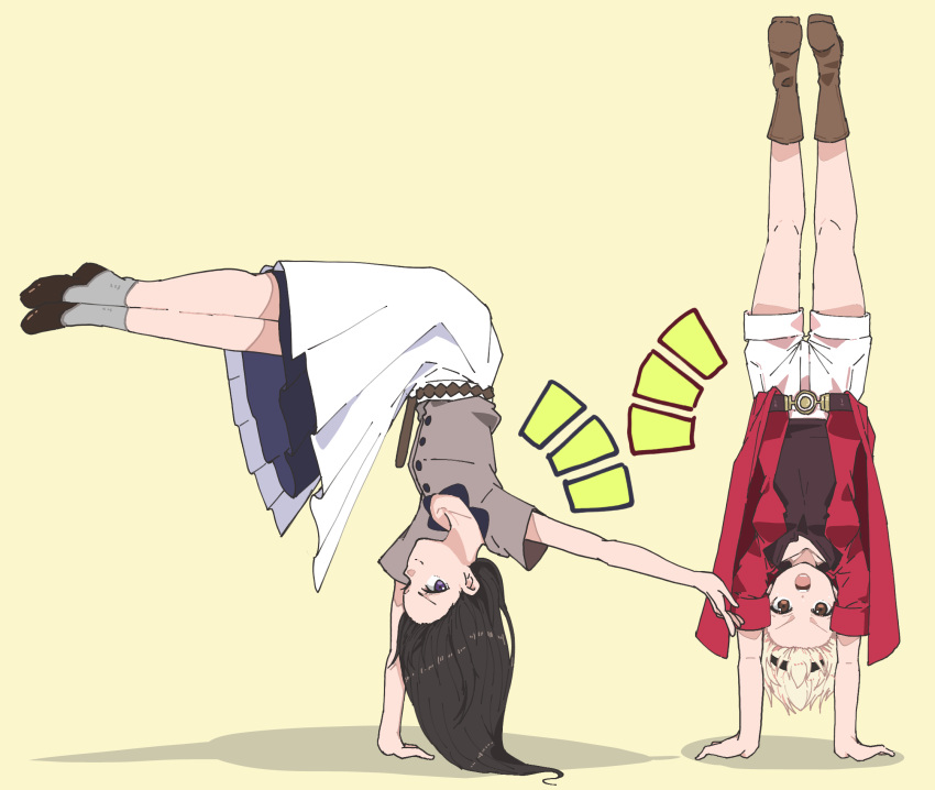 2girls, black_hair, black_shirt, blonde_hair, boots, brown_eyes, brown_footwear, closed_mouth