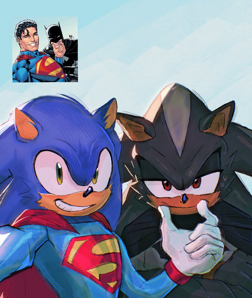 2boys, animal_ears, batman, batman_(cosplay), batman_(series), black_fur, black_gloves, blue_bodysuit, blue_fur, blue_sky, bodysuit, cosplay, day, dc_comics, furry, furry_male, gloves, green_eyes, grey_bodysuit, grin, highres, looking_at_viewer, multiple_boys, outdoors, print_bodysuit, red_eyes, reference_inset, shadow_the_hedgehog, sky, smile, sonic_(series), sonic_the_hedgehog, superhero_costume, superman, superman_(cosplay), superman_(series), upper_body, white_gloves