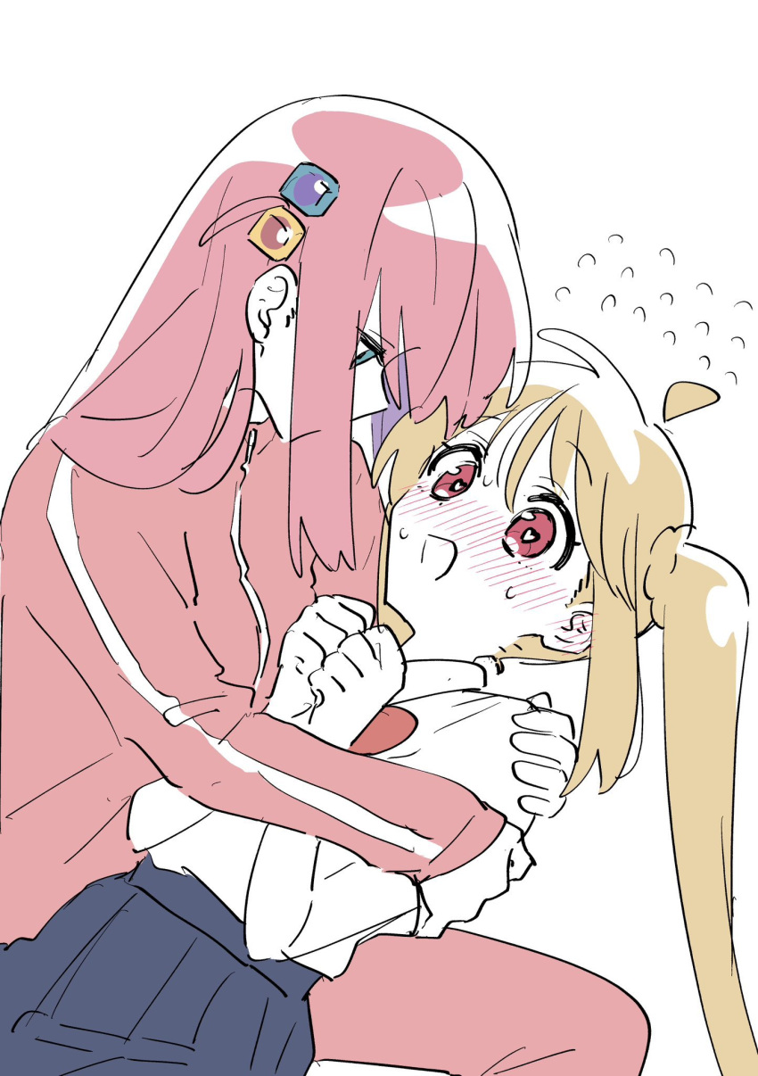2girls, black_skirt, blue_eyes, blush, bocchi_the_rock!, bow, bowtie, bright_pupils