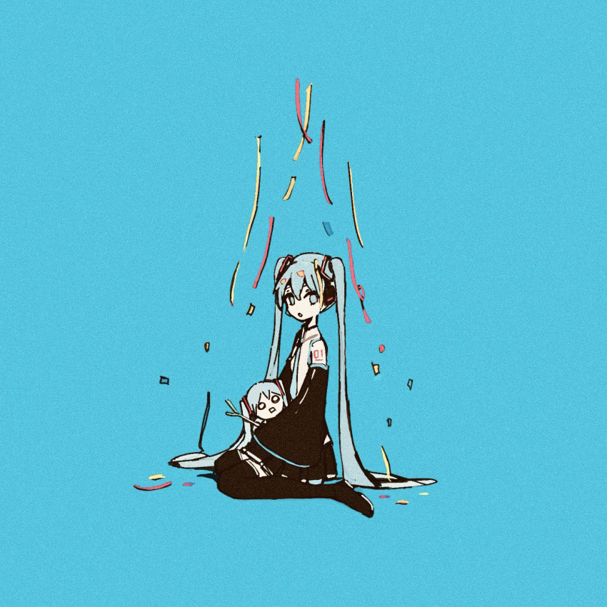 1girl, black_footwear, blue_background, blue_hair, blue_necktie, boots, character_doll, commentary_request, confetti, detached_sleeves, film_grain, grey_shirt, hatsune_miku, highres, long_hair, looking_at_viewer, mitsubachi_(roundbee), necktie, open_mouth, shirt, sitting, sleeveless, sleeveless_shirt, solo, spring_onion, thigh_boots, twintails, very_long_hair, vocaloid, wariza, wide_sleeves