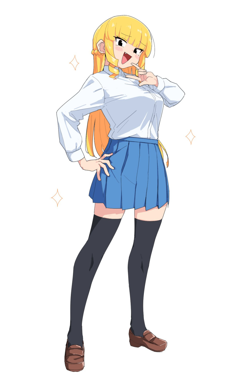 1girl, \m/, black_thighhighs, blonde_hair, blue_skirt, blush, breasts, brown_footwear