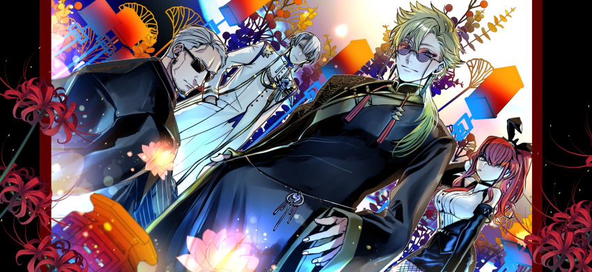 1girl, 3boys, aiguillette, animal_ears, bare_shoulders, belly_chain, black_hair, black_jacket, black_robe, black_skirt, black_sleeves, blonde_hair, blue_eyes, blue_flower, boutonniere, breasts, changpao, chinese_clothes, cigarette, coat, collared_shirt, cowboy_shot, curtained_hair, detached_sleeves, earrings, eyewear_strap, facial_hair, fake_animal_ears, fishnet_pantyhose, fishnets, flipped_hair, flower, fushimi_gaku, fushimi_gaku_(9th_costume), ginkgo_leaf, grey_hair, group_picture, hair_between_eyes, hair_over_one_eye, hair_over_shoulder, hair_slicked_back, hand_in_pocket, hand_on_own_hip, highres, ibrahim_(nijisanji), jacket, jacket_on_shoulders, jewelry, lain_paterson, lain_paterson_(2nd_costume), lantern, large_breasts, leaf, long_hair, long_sleeves, looking_at_viewer, looking_back, low_ponytail, maimoto_keisuke, mole, mole_under_eye, multicolored_hair, multiple_boys, neck_tassel, necktie, nijisanji, official_alternate_costume, pantyhose, pencil_skirt, pinstripe_pattern, plant, playboy_bunny, ponytail, purple-tinted_eyewear, rabbit_ears, red_flower, red_necktie, redhead, robe, round_eyewear, shirt, short_hair, side_part, skirt, sleeveless, sleeveless_shirt, sleeves_past_wrists, smile, smoking, spider_lily, standing, streaked_hair, stubble, suit_jacket, sunglasses, tinted_eyewear, violet_eyes, virtual_youtuber, water_lily_flower, white_coat, white_hair, white_robe, white_shirt, yamashino_takabu