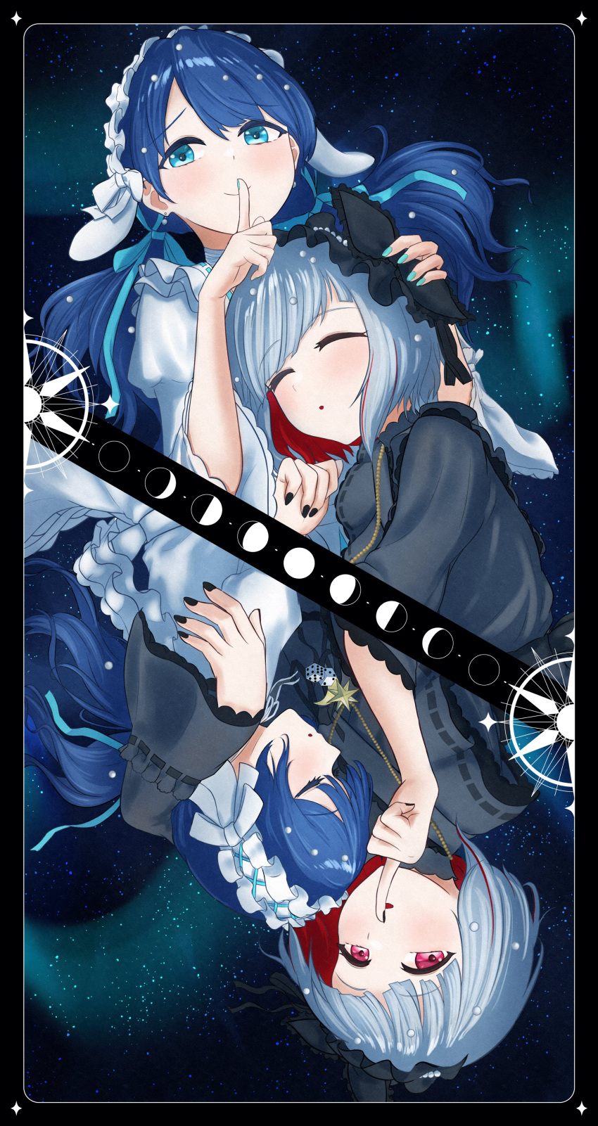 2girls, ^_^, absurdres, black_border, black_dress, black_nails, blue_eyes, blue_hair, blue_nails, blue_ribbon, bob_cut, border, closed_eyes, closed_mouth, colored_inner_hair, commentary, dark_blue_hair, diagonal_bangs, dollchestra, dress, finger_to_mouth, frilled_dress, frills, grey_hair, hair_ribbon, highres, inverted_bob, juliet_sleeves, link!_like!_love_live!, lolita_fashion, long_hair, long_sleeves, looking_at_viewer, love_live!, low_twintails, multicolored_hair, multiple_girls, murano_sayaka, nail_polish, official_alternate_costume, open_mouth, puffy_sleeves, red_eyes, redhead, ribbon, rotational_symmetry, short_hair, shushing, simadaburyu, sleeping, sleeves_past_elbows, smile, tsuki_makase, twintails, virtual_youtuber, white_dress, yugiri_tsuzuri, yuri