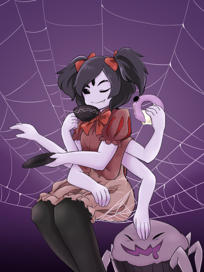 1girl, 1other, 2016, 2d, anthro, arachnid, arthropod, arthropod_girl, black_hair, cup, digital_media, doughnut, duo, extra_arms, extra_eyes, female, food, holding, holding_cup, holding_plate, holding_teacup, monster, monster_girl, muffet, muffet's_pet, plate, purple_background, purple_skin, short_twintails, simple_background, sitting, smile, spider, spider_girl, spider_web, teacup, twintails, undertale, utdr_(toby_fox), yiren