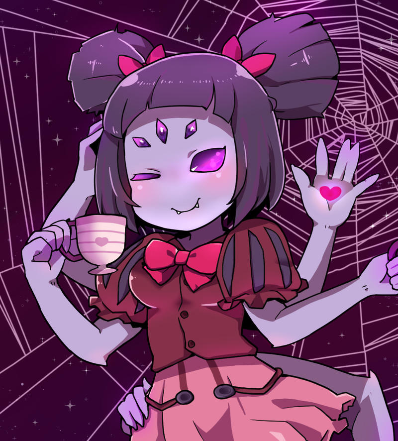 1girl, 2019, 2d, anthro, arachnid, arthropod, arthropod_girl, black_hair, cup, digital_media, extra_arms, extra_eyes, fangs, female, female_only, hand_on_own_hip, hasso_(goodbad963), heart, holding, holding_cup, holding_teacup, monster, monster_girl, muffet, one_eye_closed, purple_background, purple_skin, short_twintails, simple_background, smile, solo, spider, spider_girl, spider_web, teacup, twintails, undertale, upper_body, utdr_(toby_fox)