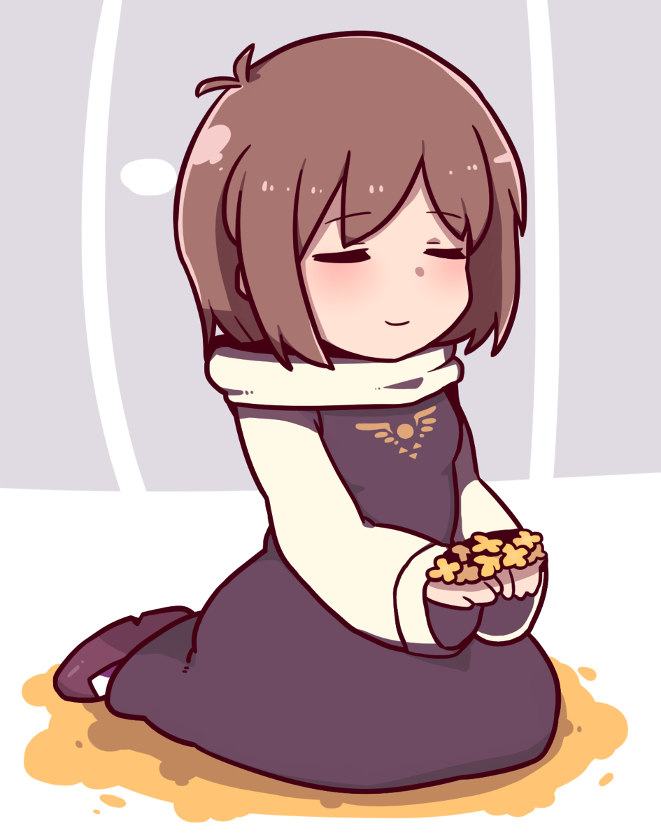 1girl, 2019, 2d, alternate_costume, brown_hair, digital_media, female, female_only, flower, frisk_(undertale), hair, hasso_(goodbad963), human, kneeling, seiza, short_hair, sitting, solo, undertale, utdr_(toby_fox), yellow_flower