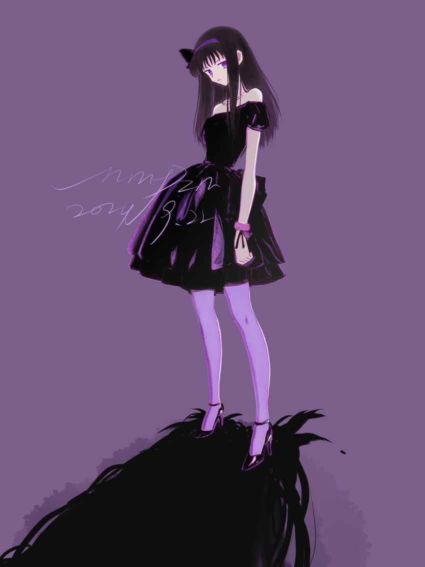 1girl, akemi_homura, artist_name, bare_shoulders, black_bow, black_dress, black_hair, bow