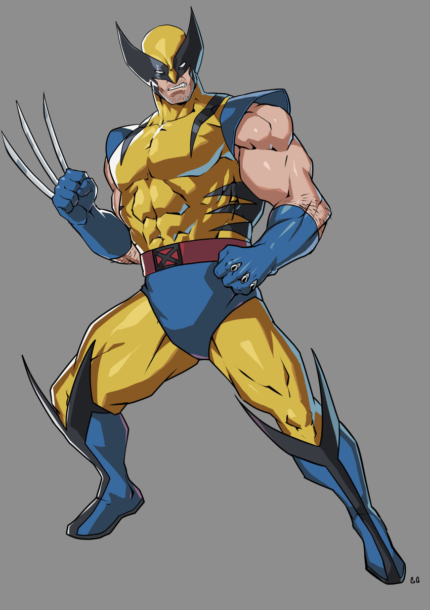 1boy, absurdres, blue_footwear, blue_gloves, blue_male_underwear, bodysuit, boots, claws, cody_conyers_(stellaravenger), covered_abs, full_body, gloves, grey_background, highres, looking_at_viewer, male_focus, male_underwear, marvel, mask, muscular, muscular_male, simple_background, sleeveless, sleeveless_bodysuit, solo, superhero_costume, underwear, wolverine_(x-men), x-men, x-men:_the_animated_series, yellow_bodysuit