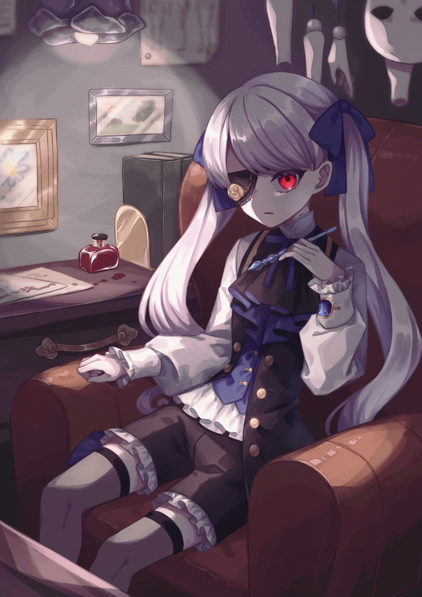 1girl, absurdres, akikawa_higurashi, arm_rest, armchair, ascot, black_ascot, black_jacket