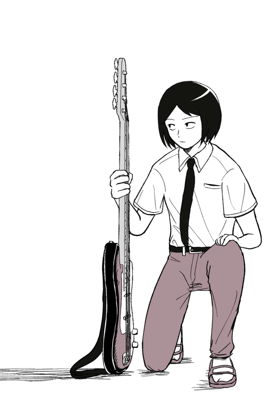 1boy, bass_guitar, belt, collared_shirt, commentary_request, dress_shirt, full_body, futsuu_no_keion-bu