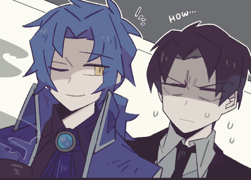 20_(1more_surren), 2boys, ascot, black_hair, black_jacket, black_necktie, black_shirt, blue_ascot
