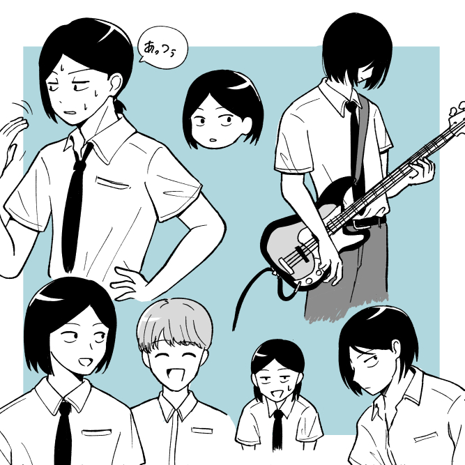 2boys, :d, alternate_hairstyle, aqua_background, audio_cable, bass_guitar, belt, bowl_cut